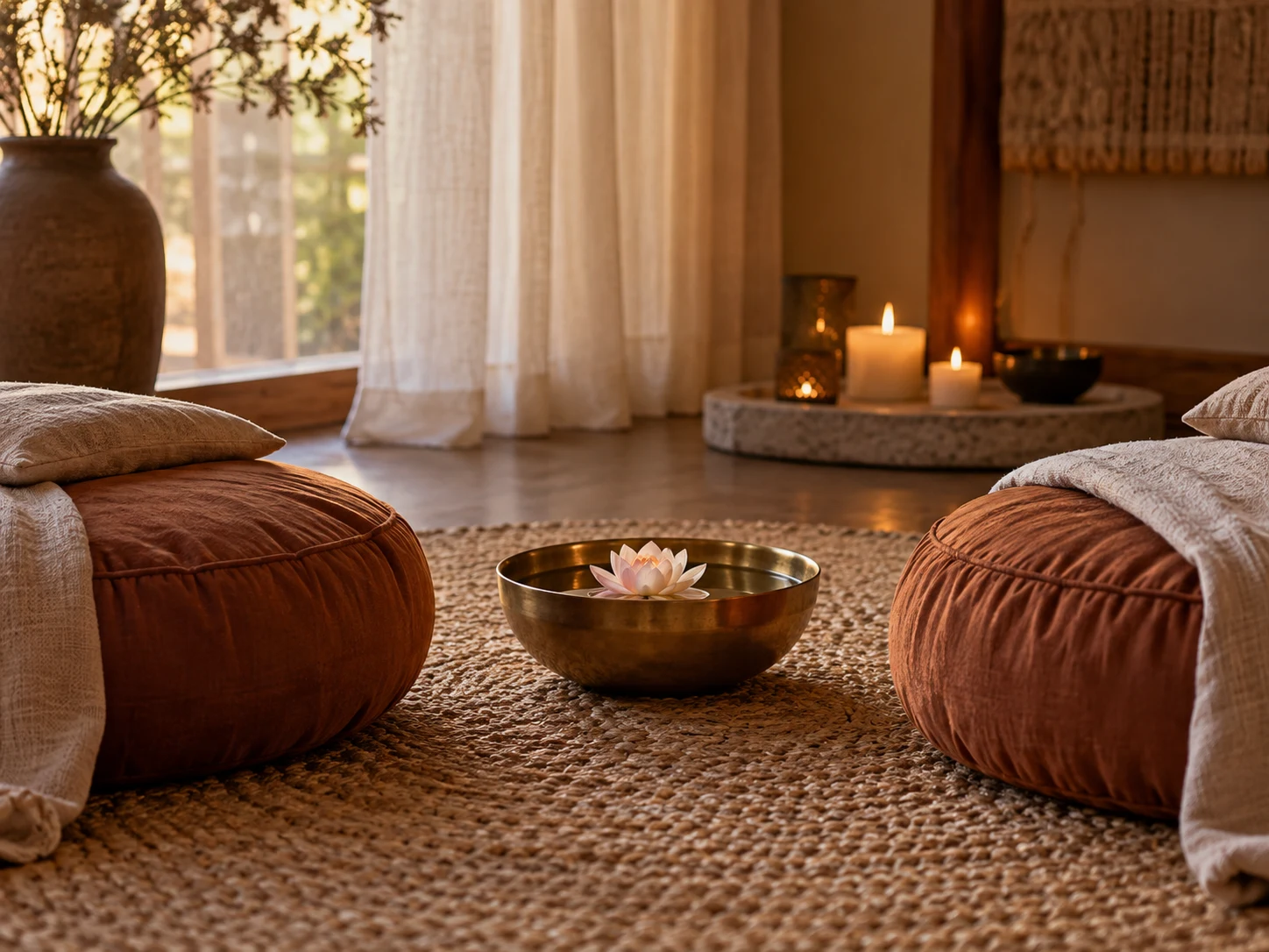 Zwei Meditationskissen und eine Lotusblüte als Sinnbild achtsamer Begegnung