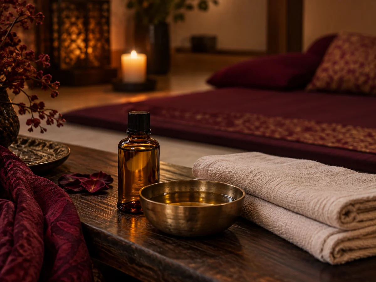 Massageöl, Messingschale und weiche Leinentücher im Kerzenschein