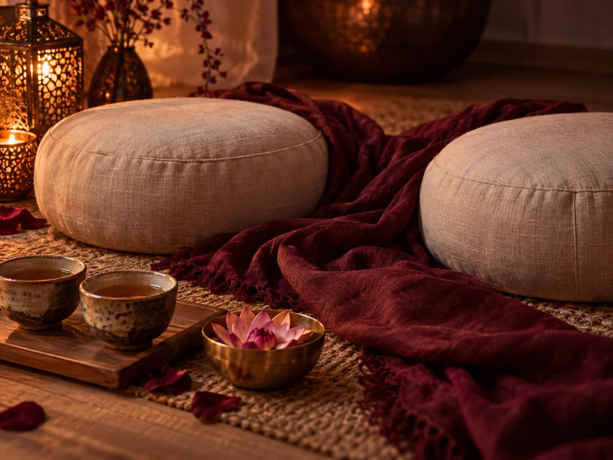 Zwei gegenüberliegende Meditationskissen mit Teeschalen und Lotusblüte